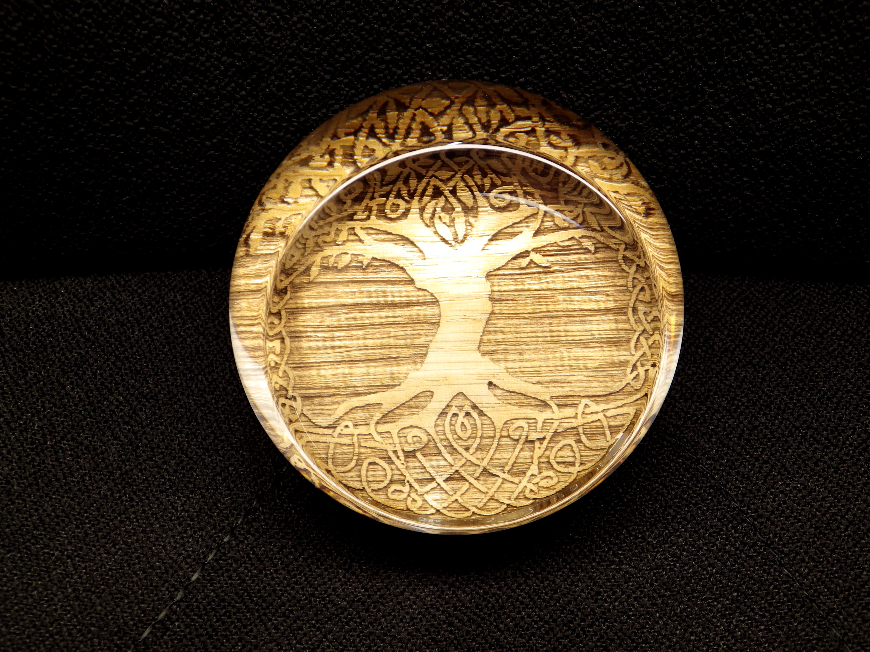 Tree of Life Paperweight engraved oak and glass Hide N Teak